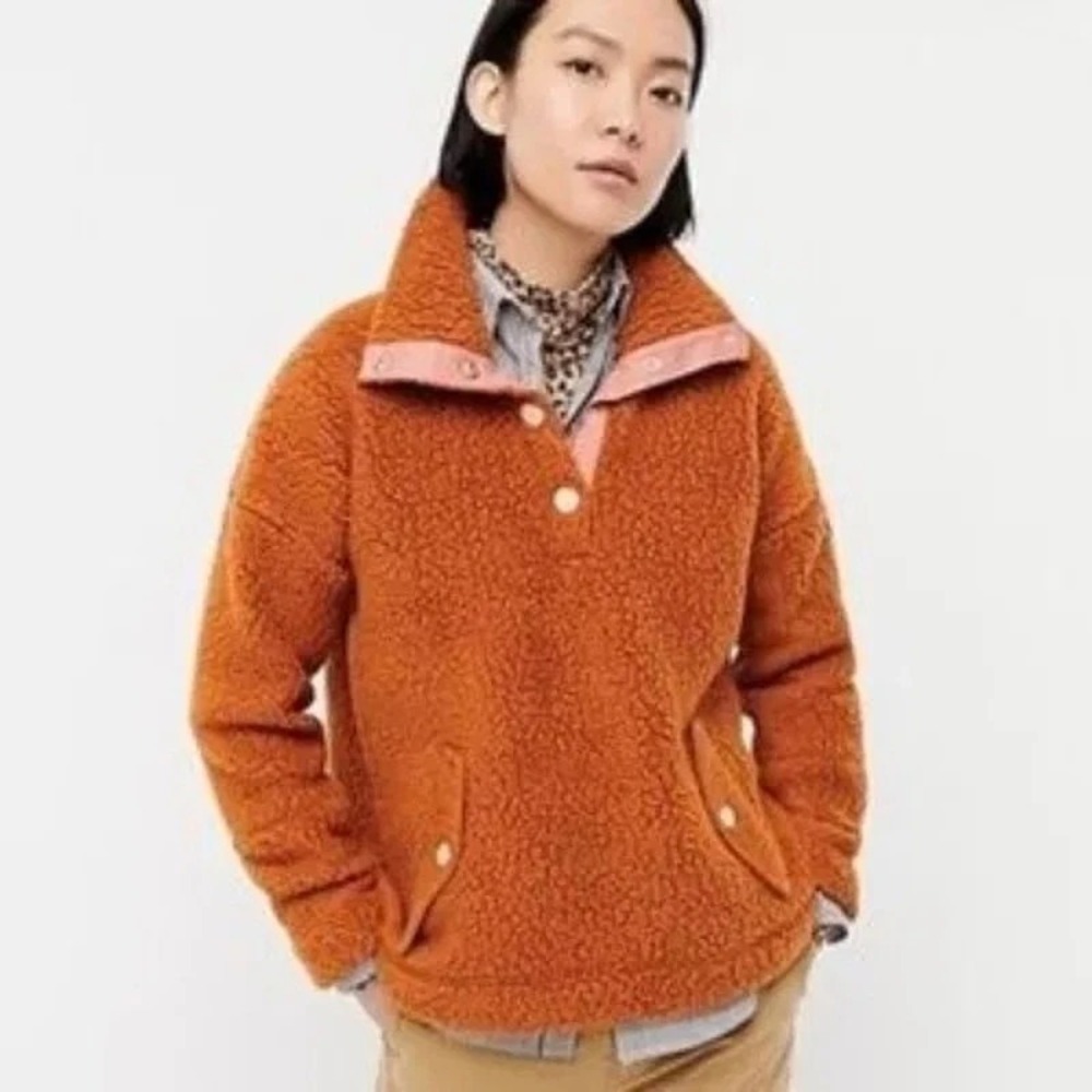 J Crew Vintage Fleece Snap Collar Sherpa Sweatshirt Brown Size Small